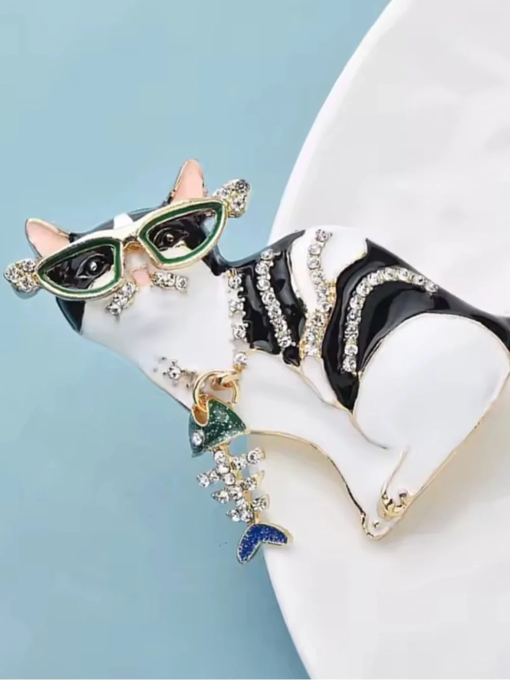 Anthropologie Black White Cat Brooch with Green Glasses and Gold Accents